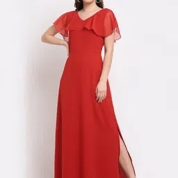 La Zoire Women Rust Solid Georgette Maxi A-Line Dress-image-84