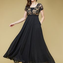 DressBerry Black Raglan Sleeves Lace Overlaid Georgette Maxi Fit & Flare Dress-image-58