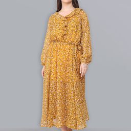 Baawri Floral Print Round Neck Long Puff Sleeve Ruffled Maxi Dress-picture-19