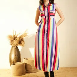 StyleStone Red Striped Shirt Maxi Dress-image-45