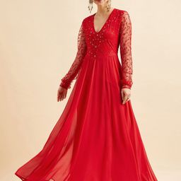 PANIT Embroidered Sequinned Georgette Fit And Flare Ethnic Maxi Dress-picture-5