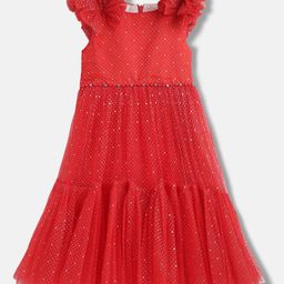 Blue Giraffe Girls Embellished Flutter Sleeves Gathered Tiered Fit & Flare Dress-image-3