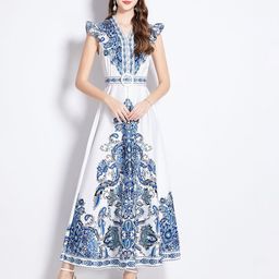 JC Collection Women Ethnic Motifs Print Flutter Sleeve Maxi Dress-picture-1