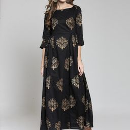 Sera Black & Gold Coloured Ethnic Motifs Ethnic Maxi Dress-image-7