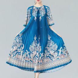 JC Collection Ethnic Motifs Printed Flared Sleeves Accordion Pleats A-Line Maxi Dress-image-17