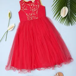 V-Mart Girls Floral Embroidered Gathered Cotton Fit & Flare Dress-50
