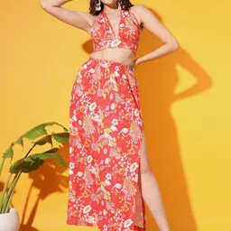TANDUL Floral Print Halter Neck Top & Skirts Co-ords-image-85