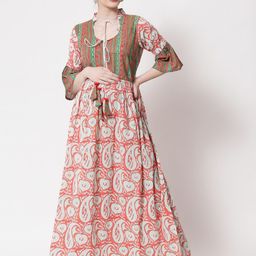 Aujjessa Peach-Coloured Ethnic Motifs Tie-Up Neck Pure Cotton Maternity Maxi Dress-picture-3