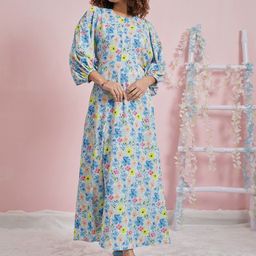 Athena Floral Printed Round Neck Three-Quarter Sleeves Flutter Sleeve Crepe Maxi Dress-picture-11