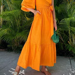 StyleCast x Revolte One Shoulder Puff Sleeve Linen Maxi Dress-picture-54