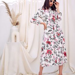 KASSUALLY White Floral Printed Satin Shirt Midi Dress-image-1