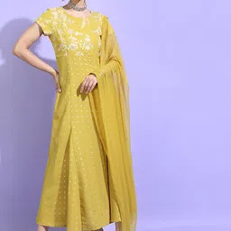 Vishudh Women Yellow Floral Printed Ethnic Dress With Dupatta-picture-21