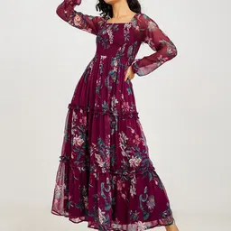 Styli Burgundy Long Sleeves Floral Print A-Line Maxi Dress with Ruffle Detail-image-77
