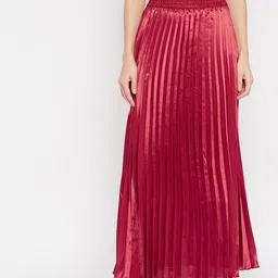 U&F Women Maroon Solid Accordion Pleated Maxi Skirt-picture-10