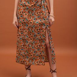 Tokyo Talkies Orange Floral Printed A-Line Maxi Skirt-image-73