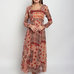 ISAM Brown Ethnic Motifs Printed Chiffon Maxi Dress-picture-27