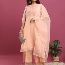 Vishudh Peach-Coloured Ethnic Motifs Yoke Design Thread Work Kurta With Palazzos & Dupatta-23