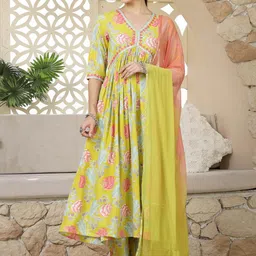 Stylum Yellow Floral Printed Empire Mirror Work Anarkali Kurta With Palazzos & Dupatta-10