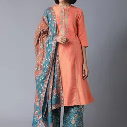 AURELIA Women Peach-Coloured Printed Panelled Kurta with Palazzos & With Dupatta-picture-9