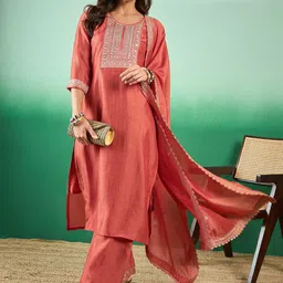 Sangria Sequence & Zari Embroidered Round Neck Kurta With Trousers & Dupatta-32