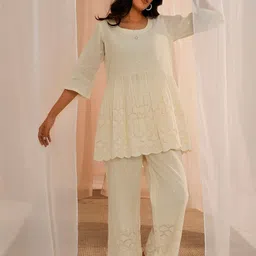 Libas Off White Self Design Round Neck Pure Cotton Flared Anarkali Kurta With Palazzo-2
