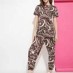 Roadster Coffee Brown Printed Round Neck Short Sleeves T-Shirt With Jogger-picture-13