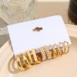 PolluxCraft Set Of 5 Gold-Plated Pearls Beaded Circular Half Hoop Earrings-picture-23