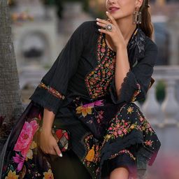 Indo Era Floral Embroidered Regular Thread Work Pure Cotton Kurta With Trousers & Dupatta-image-9