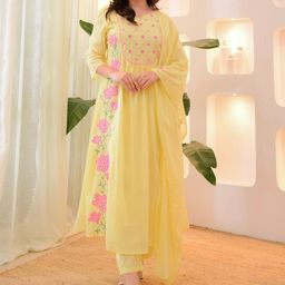 Growdamy Women Floral Embroidered Regular Thread Work Kurta with Trousers & Dupatta-image-63