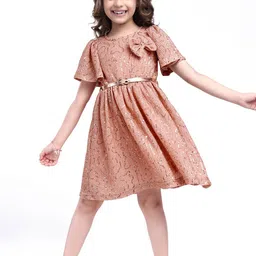 Hola Bonita Girls Embellished Flared Sleeves Net Fit and Flare Dress with Bow-image-33