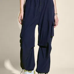 QIOA Women Relaxed Loose Fit High-Rise Parachute Cargo Trousers-image-35