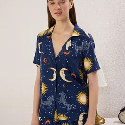 Trendyol Printed Shirt & Shorts Lapel Coller Night Suits-image-50