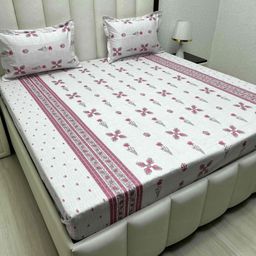 Pure Decor White & Pink Ethnic Motifs 330 TC Queen Bedsheet with 2 Pillow Covers-image-77