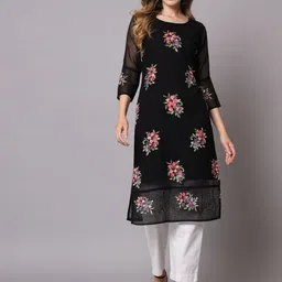 HERE&NOW Round Neck Floral Embroidered Thread Work Georgette Straight Kurta-23