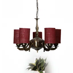 Devansh Pink Textured Jute Round  shade with Antique Golden Chandelier Metal Ceiling Lamp-18