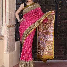 Craft Musium Floral Pure Cotton Bagru Saree-image-68