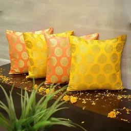 RoyalDeco Yellow & Orange Set of 4 Ethnic Motifs Square Cushion Covers-24