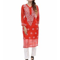 BEAUTY CHIKAN HANDICRAFTS Floral Embroidered V-Neck Mirror Work Georgette Kurta-image-80