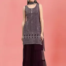 PARROT CREATION Geometric Embroidered Georgette Straight Kurti With Sharara And Dupatta-image-93