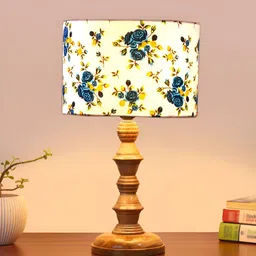 Devansh White & Blue Printed Wooden Cylinder Shaped Table Lamp-15