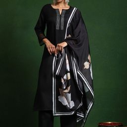 Varanga Thread Work Notch Neck Straight Kurta With Trousers And Dupatta-image-97