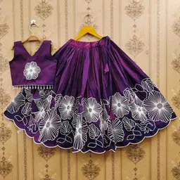 DHRUV CREATION Girls Floral Embroidered Thread Work Silk Ready to Wear Lehenga & Choli-image-53