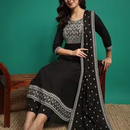 IkDaiya Floral Embroidered Sequinned Regular A-Line Kurta with Trousers & Dupatta-picture-46