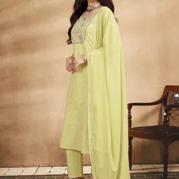 Anouk Lime Green Embroidered Thread Work Pure Cotton Kurta with Trouser & Dupatta image 4