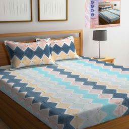FABINALIV Blue & White Geometric 300 TC King Bedsheet with 2 Pillow Covers-image-102