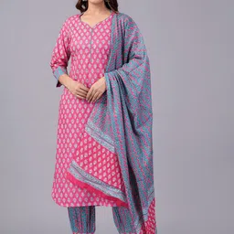 HERE&NOW Women Printed Regular Pure Cotton Kurta with Trousers & With Dupatta-picture-18
