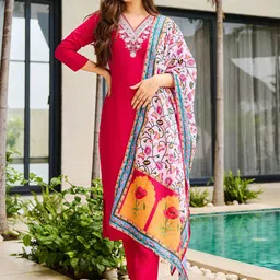 Brand Hill Women Floral Yoke Design Regular Thread Work Kurta with Trousers & Dupatta-picture-34