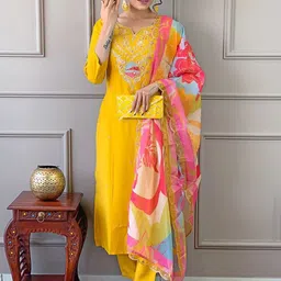 BAESD Floral Yoke Design Sequinned Chanderi Silk Kurta With Trousers & Dupatta-1