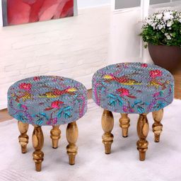 Ikiriya 2-Pcs Grey & Brown Round Wooden Stool with Printed Kantha Upholstery-15