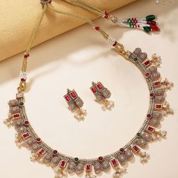 KARATCART Gold-Plated Stones Studded & Beaded Floral Design Temple Jewellery Set-picture-49